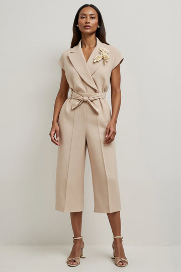 Notched Lapel Khaki Midi Work Jumpsuits with 3D Flowers